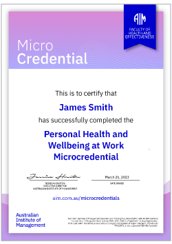 AIM Microcredential in Personal Health and Wellbeing at Work Microcredential Digital Certificate